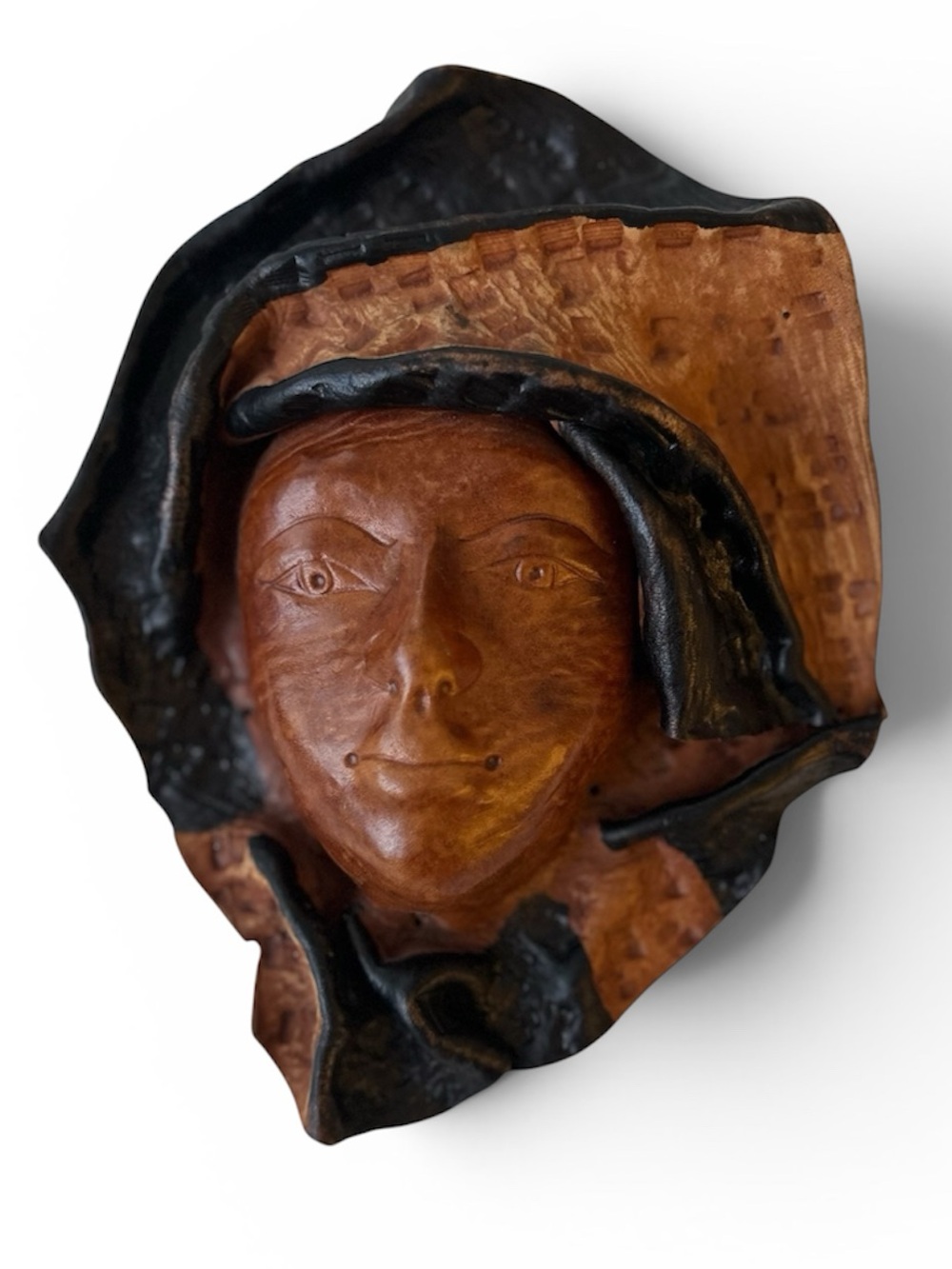 Folk Art Leather Sculpted Hand Tooled Molded Face Mask Wall Decor